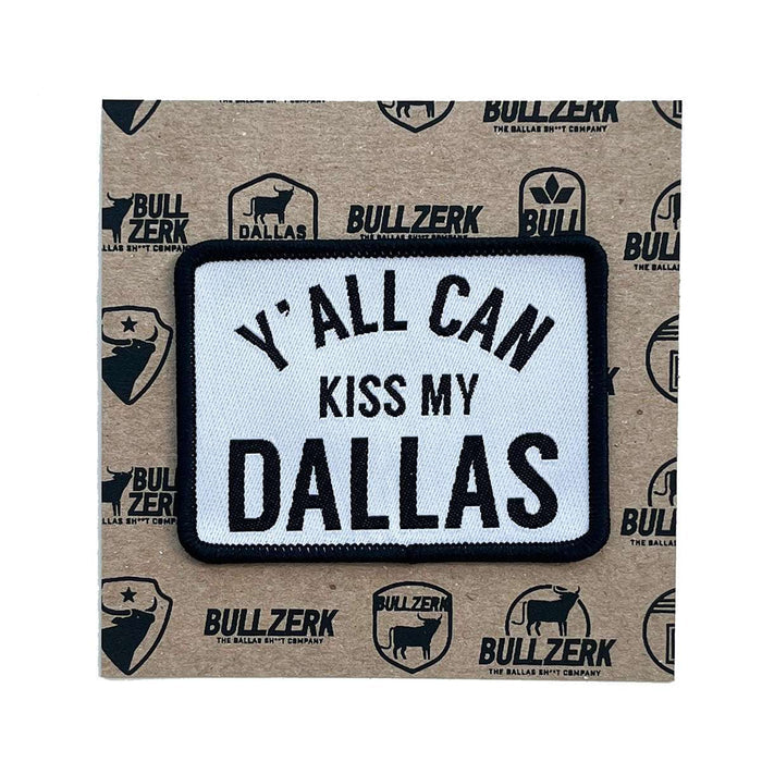 Kiss My Dallas Patch featuring bold lettering on an embroidered patch, perfect for adding flair to your jean jacket. This Texas themed gift highlights Texas pride, making it an ideal souvenir from Texas or a unique Texan gift.