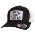 Kiss My Dallas Patched Curved Bill Hat featuring a stylish black and white design. This hat is a perfect Texas themed gift, embodying the spirit of Dallas and making an excellent souvenir from Texas. Ideal as a Texan gift for anyone wanting to show their love for the Lone Star State.