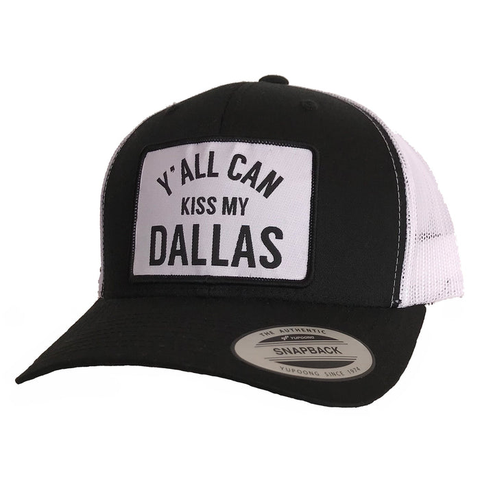 Kiss My Dallas Patched Curved Bill Hat featuring a stylish black and white design. This hat is a perfect Texas themed gift, embodying the spirit of Dallas and making an excellent souvenir from Texas. Ideal as a Texan gift for anyone wanting to show their love for the Lone Star State.