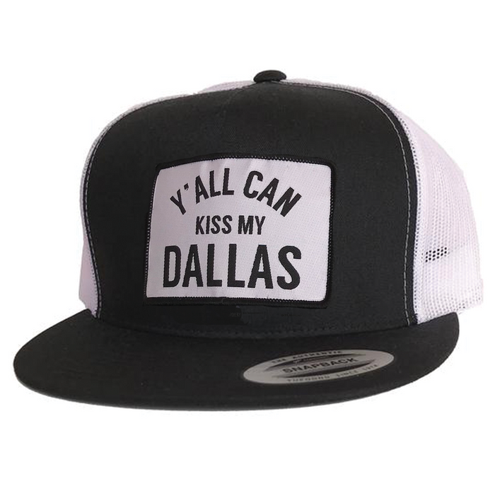 KISS MY DALLAS PATCHED FLAT BILL HAT showcasing a hand-sewn patch, perfect for any Texan. This hat makes a great Texas themed gift or souvenir from Texas, ideal for fans of Dallas and unique Texan gifts.