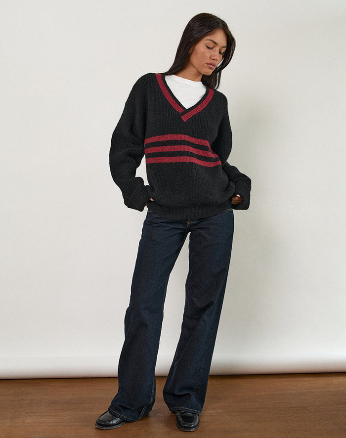 Image of Knitza Jumper in Black with Red Stripes