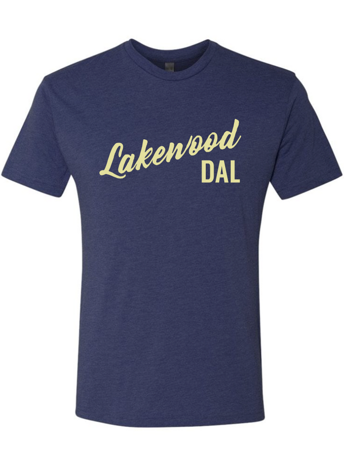 Denim blue tshirt with text reading "Lakewood DAL" in cream letters.