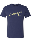 Denim blue tshirt with text reading "Lakewood DAL" in cream letters.