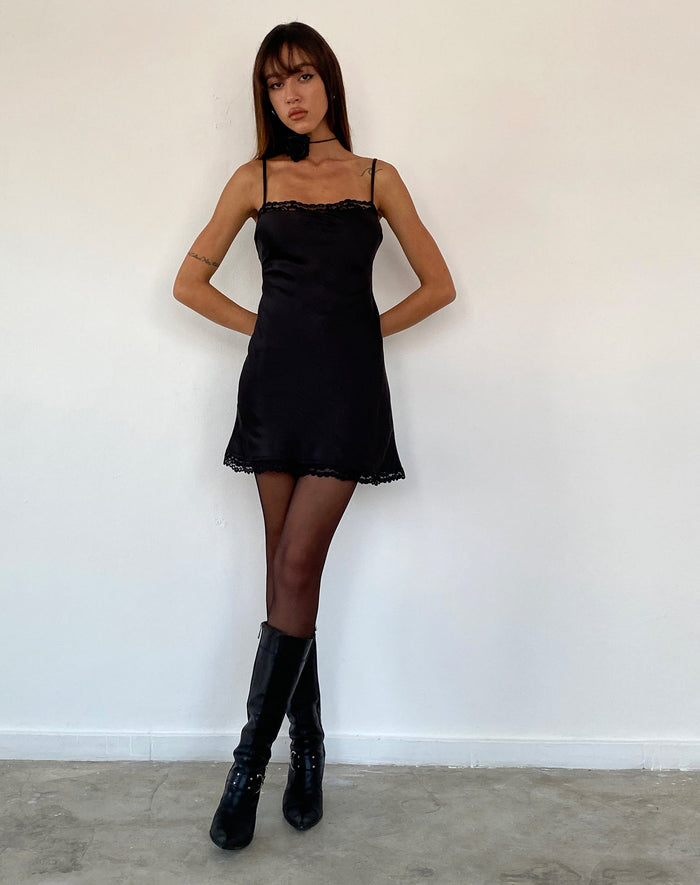 Image of Larna Lace Trim Satin Mini Dress in Black