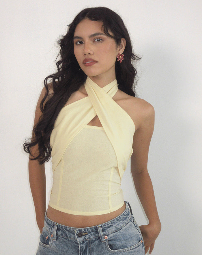 Image of Lasy Linen Wrap Halterneck Top in Lemon