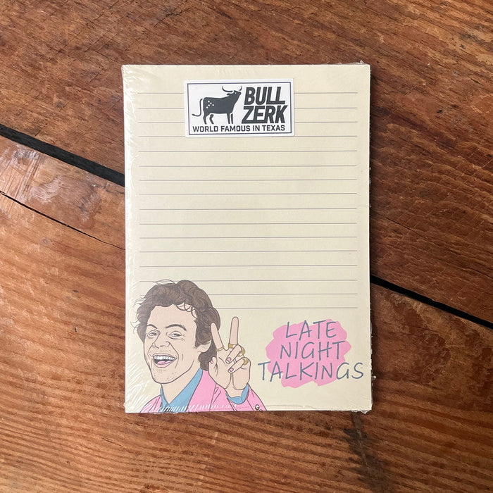 Late Night Talkings Notepad showcasing a humorous illustration, perfect for jotting down thoughts. This Texas themed gift is a great example of Texas Made Gifts, making it an ideal souvenir from Texas and a unique Dallas souvenir for anyone looking for fun Texan gifts.