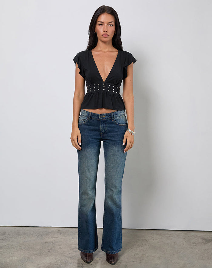 Image of Leisma Frill Top in Jersey Black with Studs