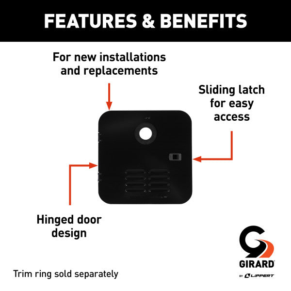Girard Water Heater Door Features - Hinged Design and Sliding Latch | United RV Parts