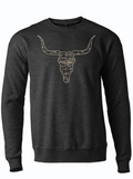 Longhorn Map Crew Neck Sweater featuring a stylish longhorn skull design, perfect as a Texas themed gift. This cozy fleece is ideal for anyone looking for Texas Made Gifts and makes an excellent souvenir from Texas, especially for those who appreciate unique dallas souvenirs and texan gifts.