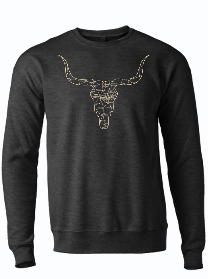 Longhorn Map Crew Neck Sweater featuring a stylish longhorn skull design, perfect as a Texas themed gift. This cozy fleece is ideal for anyone looking for Texas Made Gifts and makes an excellent souvenir from Texas, especially for those who appreciate unique dallas souvenirs and texan gifts.