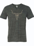 Stylish Longhorn Map V-Neck tee featuring a distinctive bull skull design, perfect for showcasing your Texas pride. This unisex jersey shirt is a great Texas themed gift, ideal for anyone looking for Texas Made Gifts, unique souvenirs from Texas, or a memorable dallas souvenir. It's a fantastic choice for those seeking authentic Texan gifts.