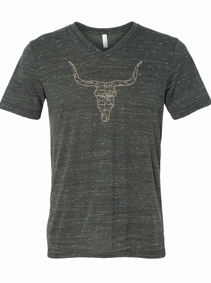 Stylish Longhorn Map V-Neck tee featuring a distinctive bull skull design, perfect for showcasing your Texas pride. This unisex jersey shirt is a great Texas themed gift, ideal for anyone looking for Texas Made Gifts, unique souvenirs from Texas, or a memorable dallas souvenir. It's a fantastic choice for those seeking authentic Texan gifts.