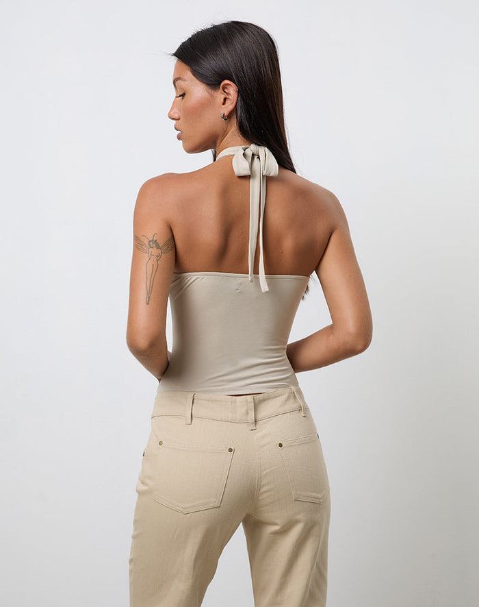 Image of Lorie Halterneck Top in Cupro Oatmilk with Metal Ring