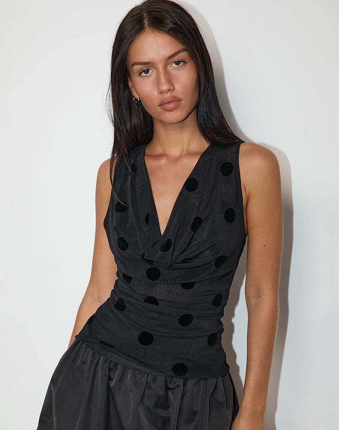 Image of Losa Cowl Neck Top in Big Polka Flock Black