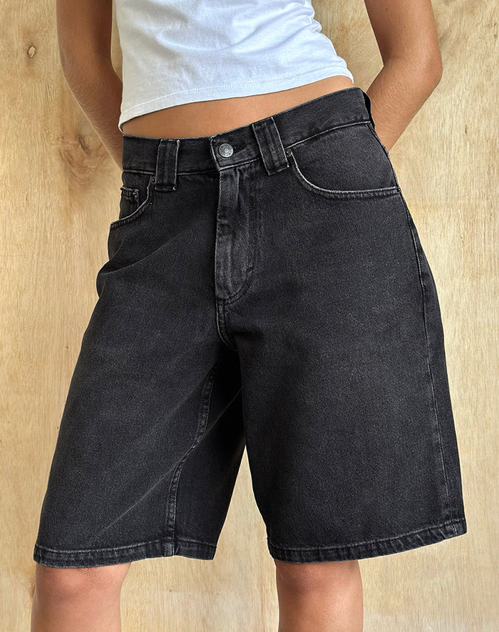 Image of Low Rise Skater Shorts in Washed Black Grey Denim