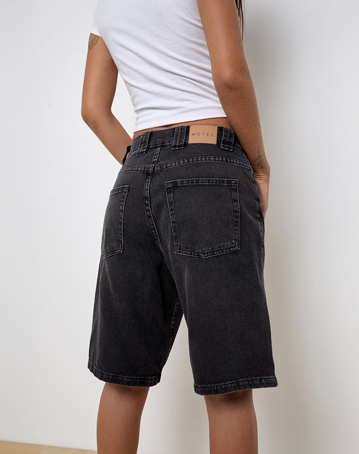 Image of Low Rise Skater Shorts in Washed Black Grey Denim