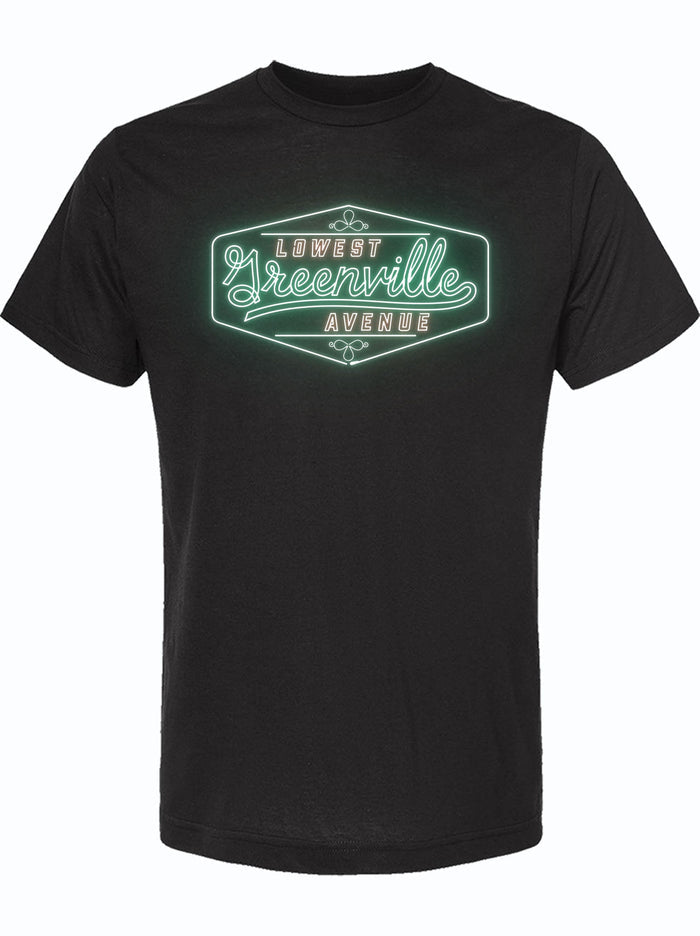 Black tshirt with a graphic design of a green and red neon sign that says "Lowest Greenville Avenue."