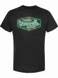 Black tshirt with a graphic design of a green and red neon sign that says "Lowest Greenville Avenue."