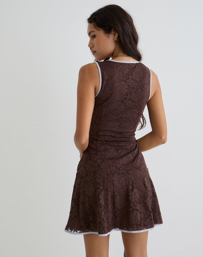 Image of Luscian Mini Dress in Lace Chocolate with Blue Binding