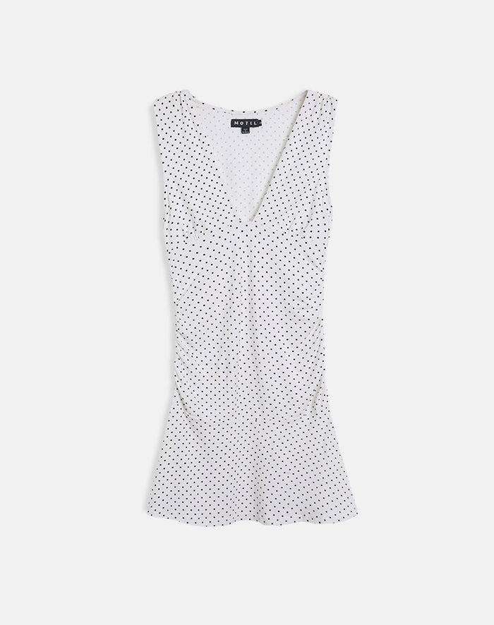 Image of Luscian Plunge Mini Dress in White with Micro Polka Black