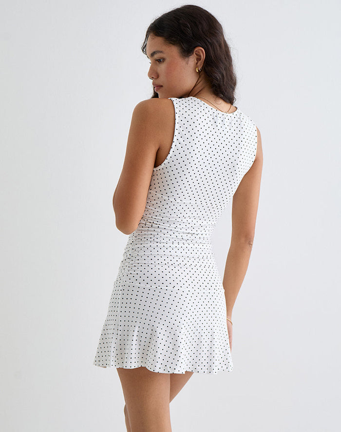 Image of Luscian Plunge Mini Dress in White with Micro Polka Black