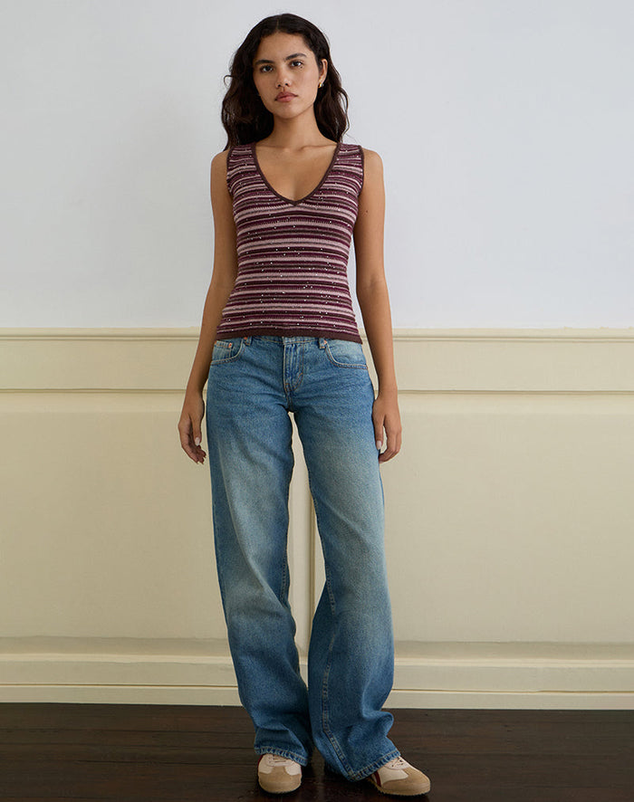 Image of Lycia Plunge Top in Glitter Knit Striped Purple