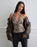 Image of Mabli Halterneck Top in Textured Woven Floral Green