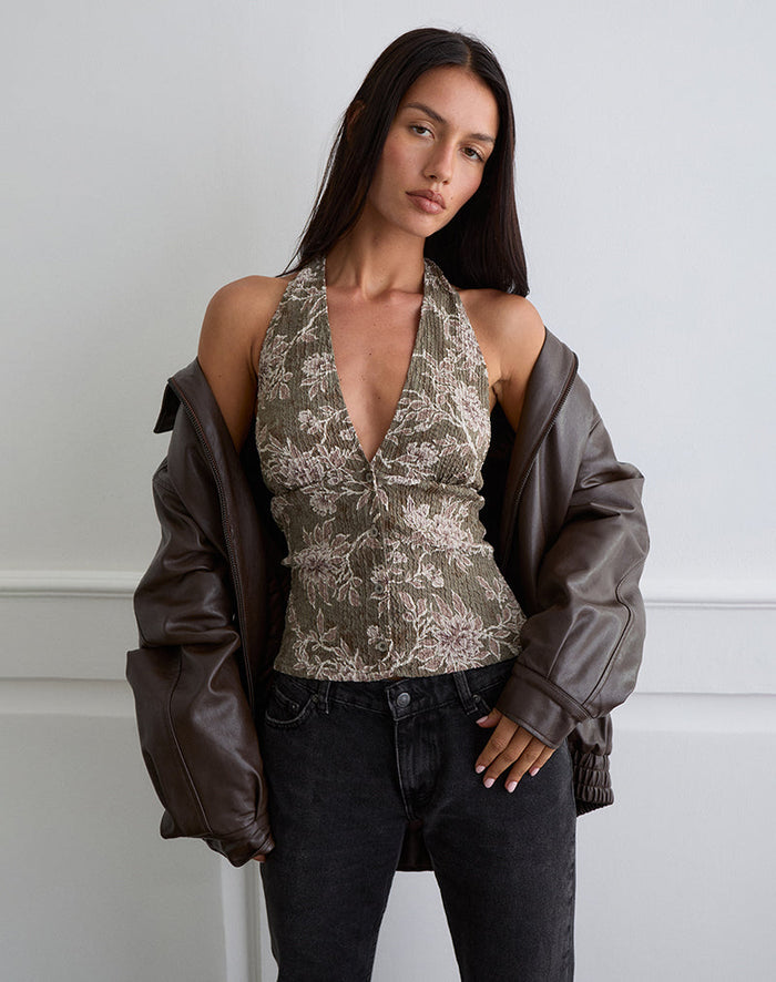 Image of Mabli Halterneck Top in Textured Woven Floral Green