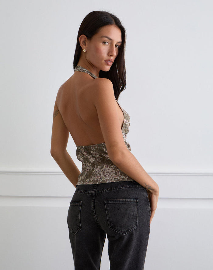 Image of Mabli Halterneck Top in Textured Woven Floral Green