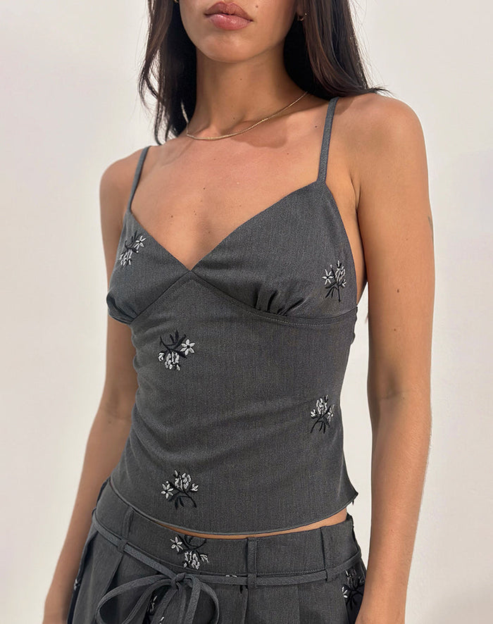 Image of Madira Top in Floral Embroidery Tailoring Charcoal