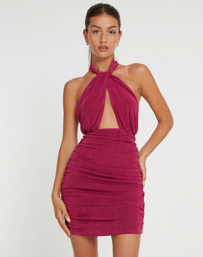 Image of Marbella Halterneck Mini Dress in Magenta Purple