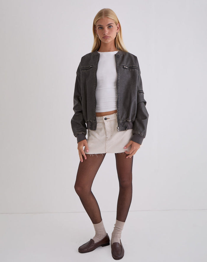 Image of Marco Distressed Bomber Jacket in PU Charcoal
