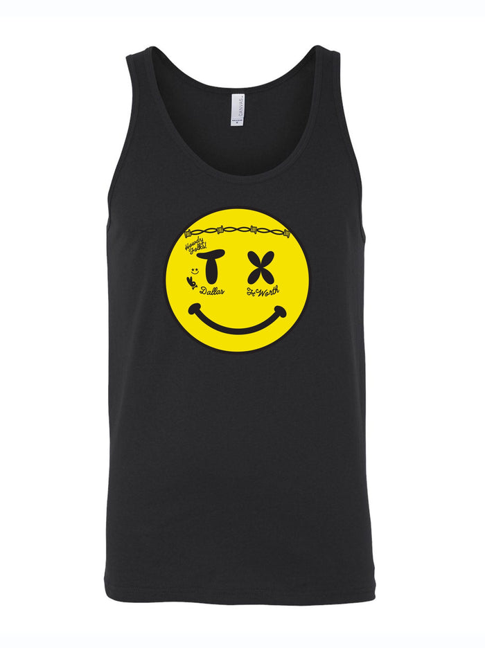 Men's Smiley Face Tank Top featuring a cheerful smiley design, perfect for summer outings. This tank is a great Texas themed gift and part of the Texas Made Gifts collection, making it an ideal souvenir from Texas or a fun Dallas souvenir for or those looking for unique Texan gifts.