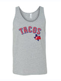 Men's 'Tacos' tank top in gray featuring a playful taco graphic, perfect for showcasing Texas pride. A great Texas themed gift, ideal as a souvenir from Texas or a unique Dallas souvenir to add to your collection. This comfortable tank is part of Texas Made Gifts and makes for a fun Texan gift.