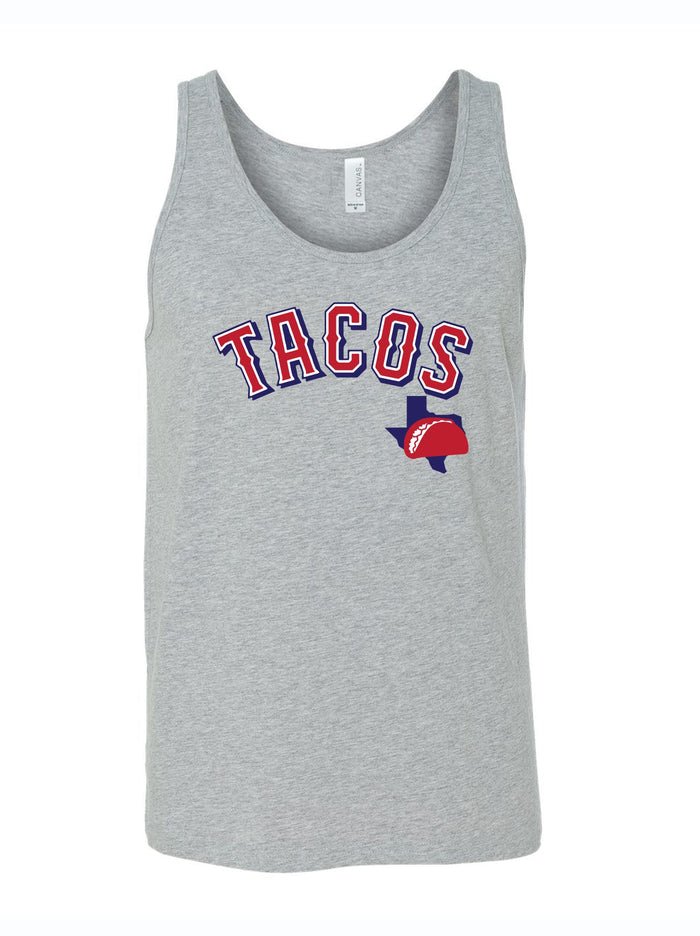 Men's 'Tacos' tank top in gray featuring a playful taco graphic, perfect for showcasing Texas pride. A great Texas themed gift, ideal as a souvenir from Texas or a unique Dallas souvenir to add to your collection. This comfortable tank is part of Texas Made Gifts and makes for a fun Texan gift.
