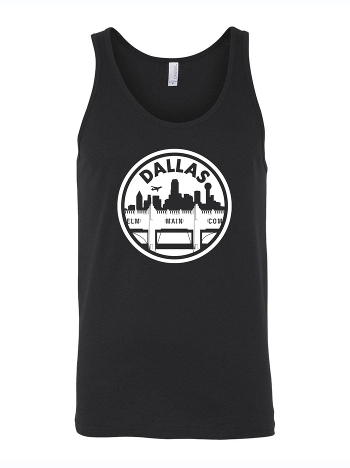 Men's Triple Underpass Tank Top featuring a Dallas skyline design, perfect for summer wear and showcasing Texas pride. A great choice for Texas themed gifts, Dallas souvenirs, and Texan gifts.
