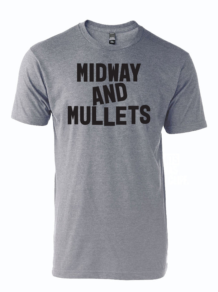 Midway and Mullets t-shirt in gray, perfect for showcasing Texas pride. This comfortable tee makes a great Texas themed gift and is ideal for anyone looking for Texas Made Gifts. A fantastic souvenir from Texas and a must-have Dallas souvenir for all Texan gifts enthusiasts.