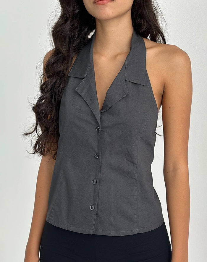 Image of Mikanu Button Down Halterneck Blouse in Charcoal Grey