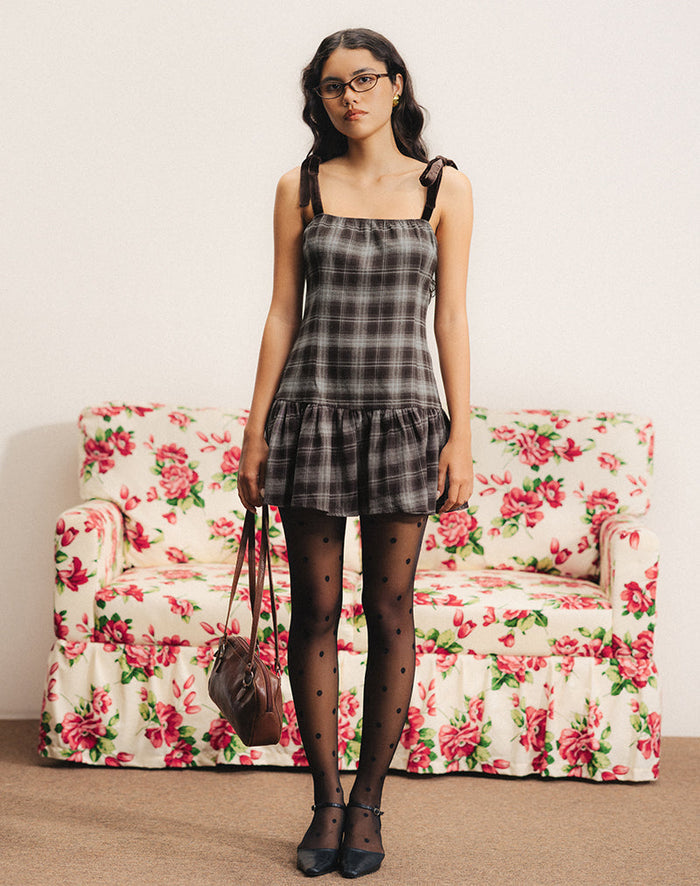 Image of Miyori Square Neck Mini Dress in Grey Check