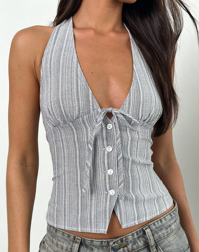 Image of Miyuki Tie Front Halterneck Top in Woven Stripe Grey
