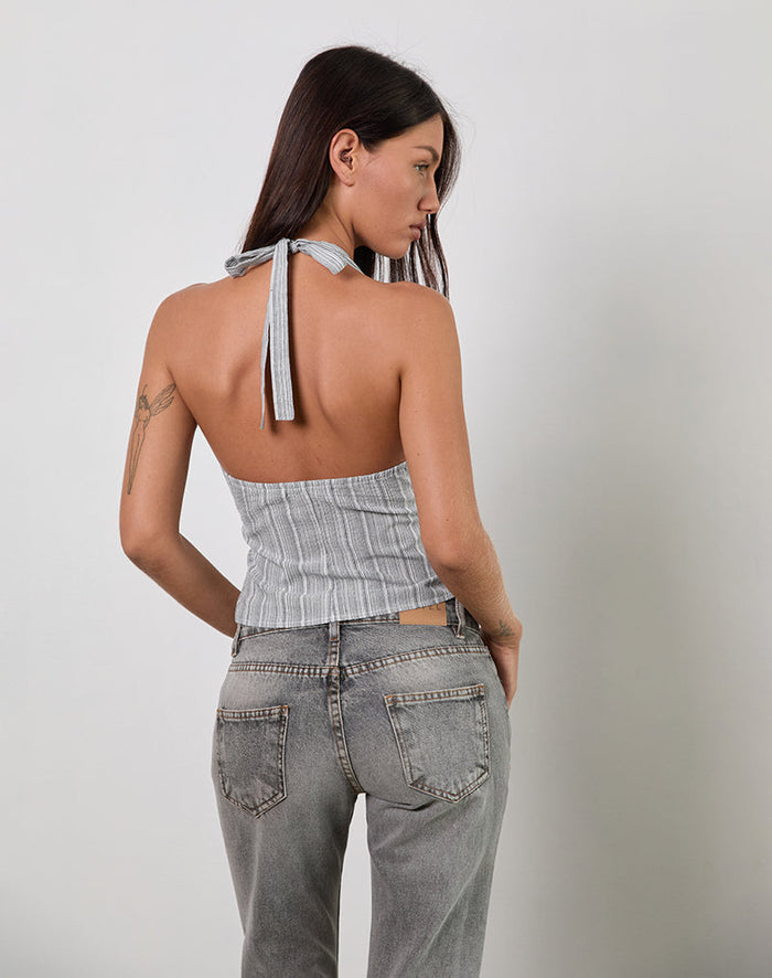 Image of Miyuki Tie Front Halterneck Top in Woven Stripe Grey