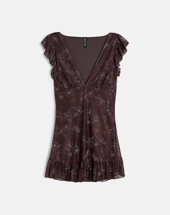 Image of Motarika Mini Dress in Doodle Flower Flock Brown