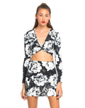 Image of Motel Kira Twist Front Crop in Tonal Floral Black White