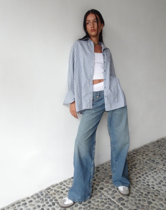 Image of MOTEL X JACQUIE Turner Shirt in Grey and White Stripe with M Embroidery