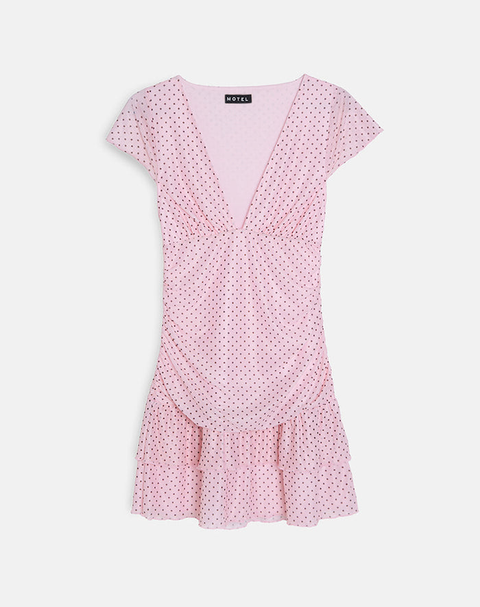 Image of Mowgli Cap Sleeve Mini Dress in Baby Pink with Micro Polka Black