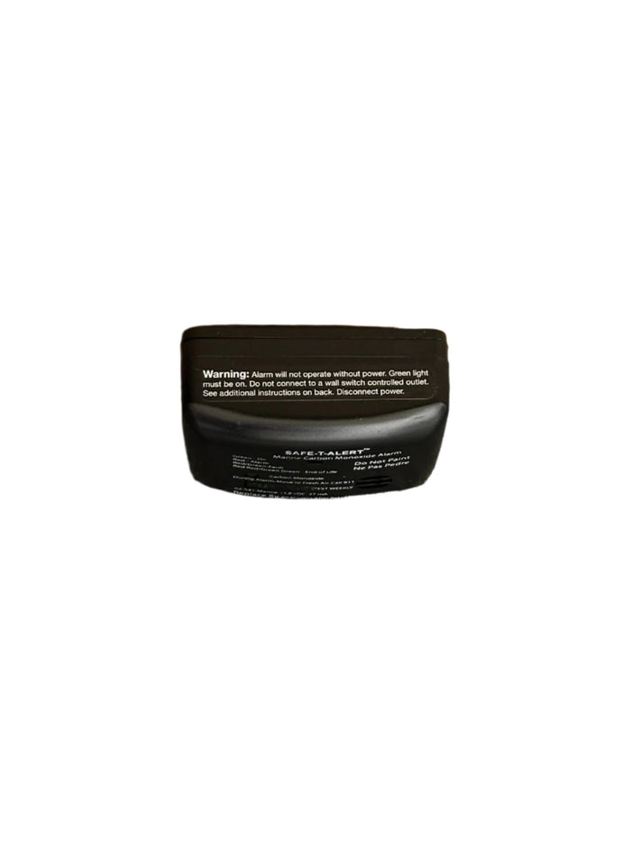 Black Safe-T-Alert CO Alarm - Bottom View with Warning Text | United RV Parts