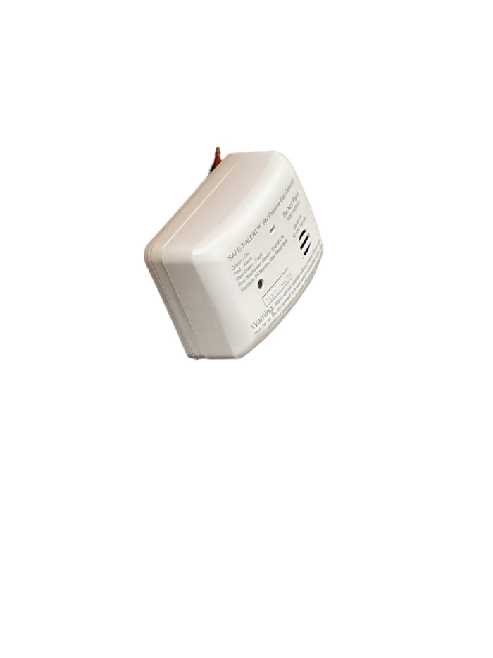 White MTI LP Gas Alarm - Three Quarter View with Label Detail | United RV Parts