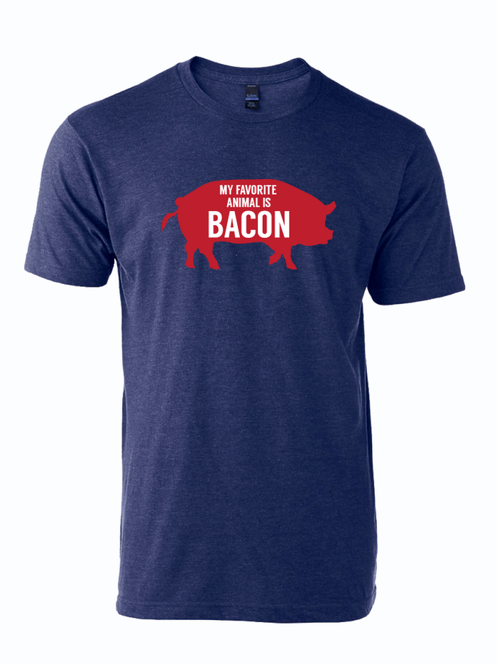 Denim tshirt with a graphic design of a red pig with text inside of it that reads "my favorite animal is bacon" in white letters.