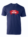 Denim tshirt with a graphic design of a red pig with text inside of it that reads "my favorite animal is bacon" in white letters.
