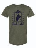 Olive green tshirt that has a graphic design of a hand with an eye on it, holding a sprig of leaves and the text "Dallas TX" underneath it.